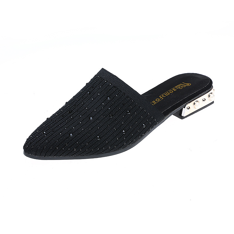 

Kjstyrka 2020 Rhinestone Female Mules Fashion Low Heels Shoes Pointed Toe Ladies Elegant Slipper Woman Patchwork Sandals, Black