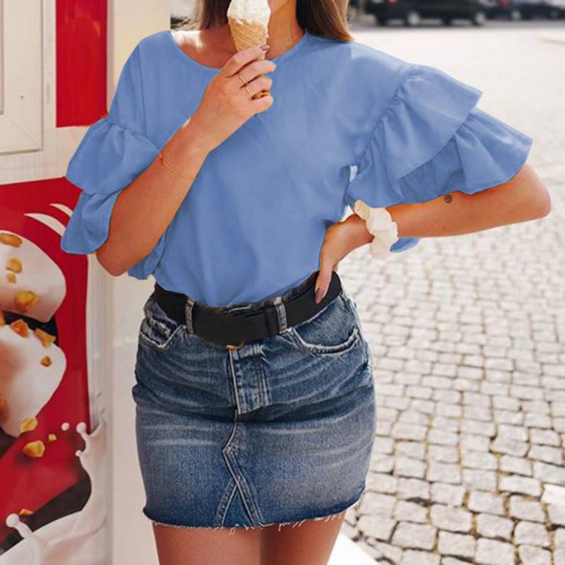 

Celmia Top Fashion 2020 Women Blouses Ruffles Sleeve Casual Loose O neck Pleated Summer Shirts Plus Size Ladies Blusas Femininas, White