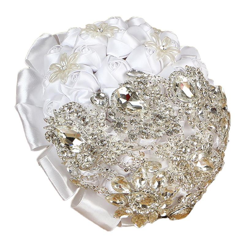 

Western Style Bride Artificial Rhinestone Rose Silk Flowers Beautiful Handmade Wedding Bouquet Decorative Flowers, White