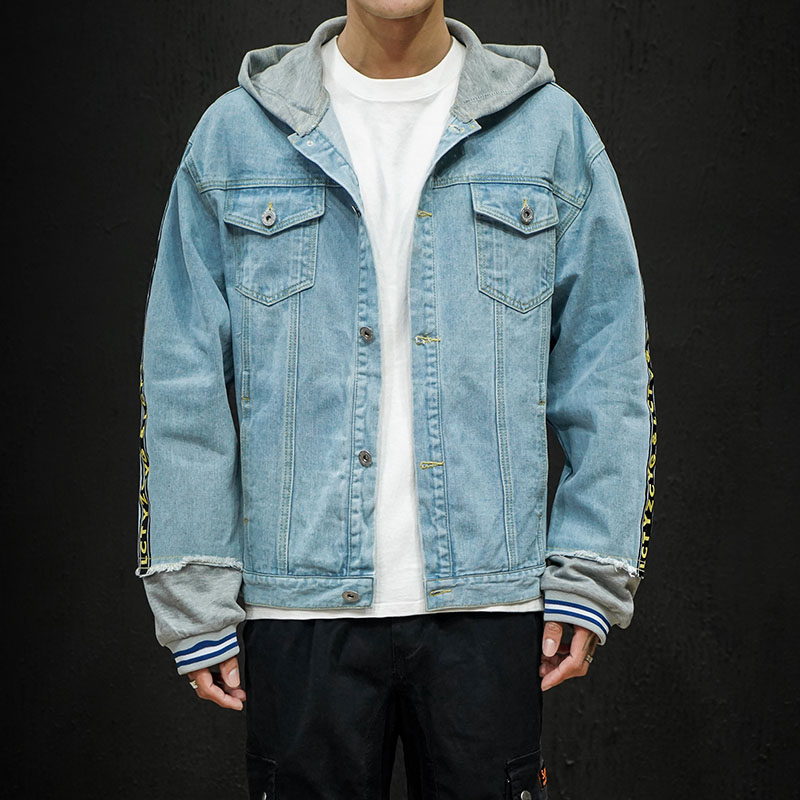 

Denim Jacket Stitching Design Letter Print Plus Size Hooded Coat Male Fashion Party Loose Jackets Spring New Arrival, D209a-jk201-p90