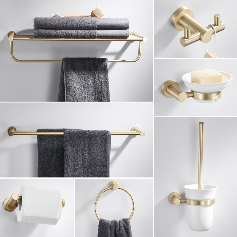 

Brass Bathroom Hardware Set Towel Rack Shelf Brushed Gold Corner Shelf Toilet Brush Holder Robe Hook Wall Toilet Paper Holder