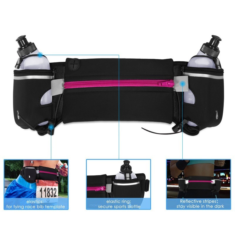 

new unisex double water bottle sports waist bag 6.0 inch mobile phone outdoor running riding mountaineering waist bag 4 colors, Black