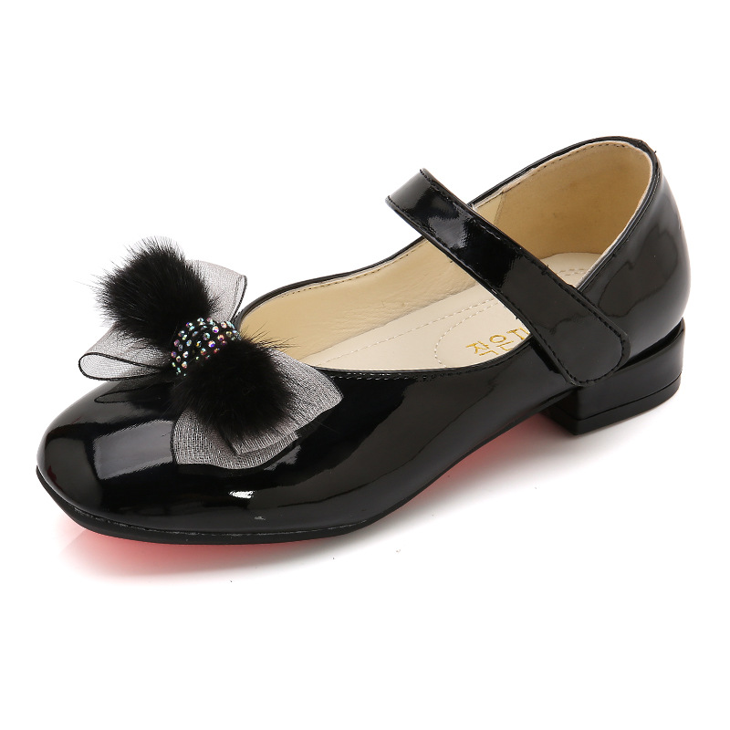 

Fashion New Hairy Bow Kids Wedding Low-Heeled Shoes For Girls Dress School Shoe Princess Leather Shoes 4 5 6 7 8 9 10 1112 Year, Black