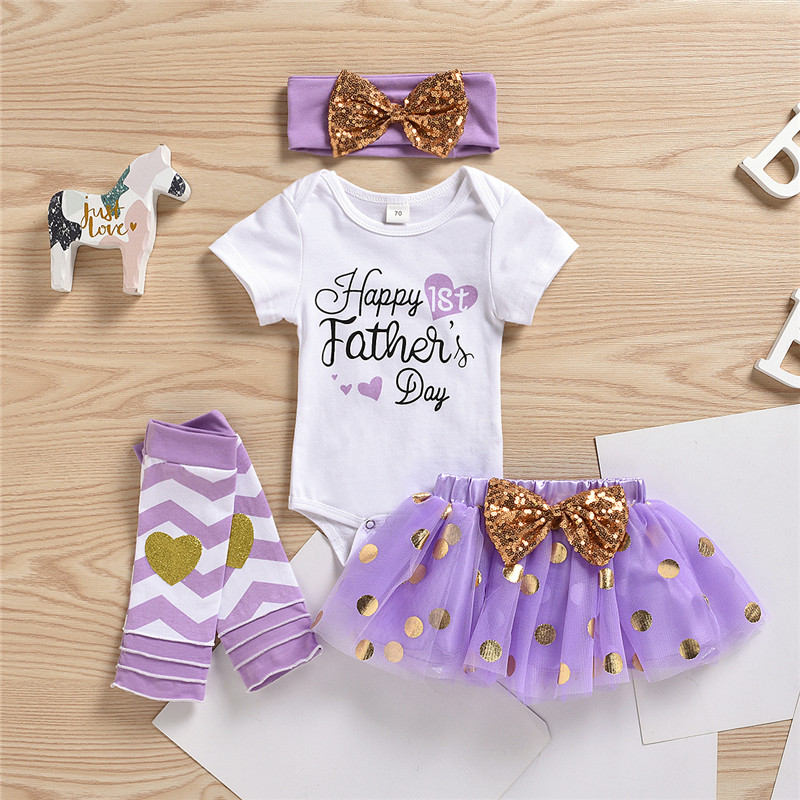 

0-12M Baby Girls Father's Day Clothes Set 4PCS Short Sleeve Jumpsuit + Mesh Skirt + Knee Pads Headband Four Piece Set, As pic