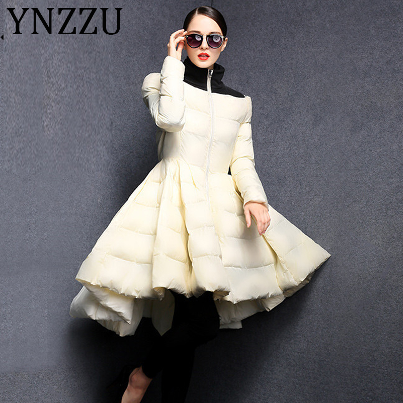 

YNZZU Elegant Skirt Style Women' Down Jacket 2019 Winter Stand Collar High Waist Slim 90% White Duck Down Coat Plus Size A1079, Black