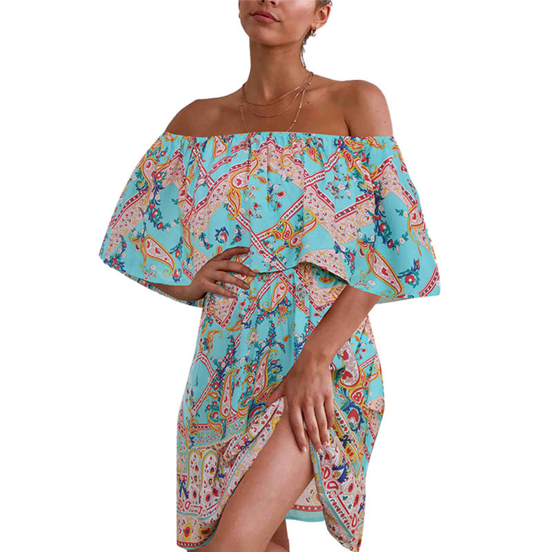 

2020 Summer Boho Women Off the Shoulder Mini Dress Beach Casual Loose Dress Ladies Sundress, A1