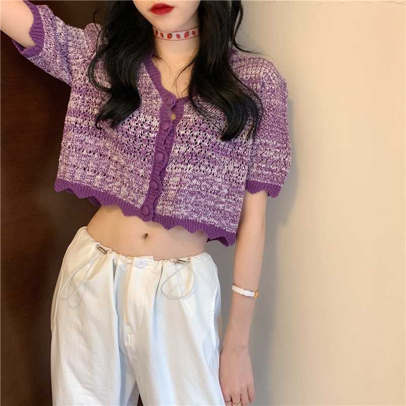 

V-Neck Crocheted Casual Short Sleeve Thin Sweater Cardigans Women Summer Cardigan Shirts Crop Tops For Girls, Sky blue