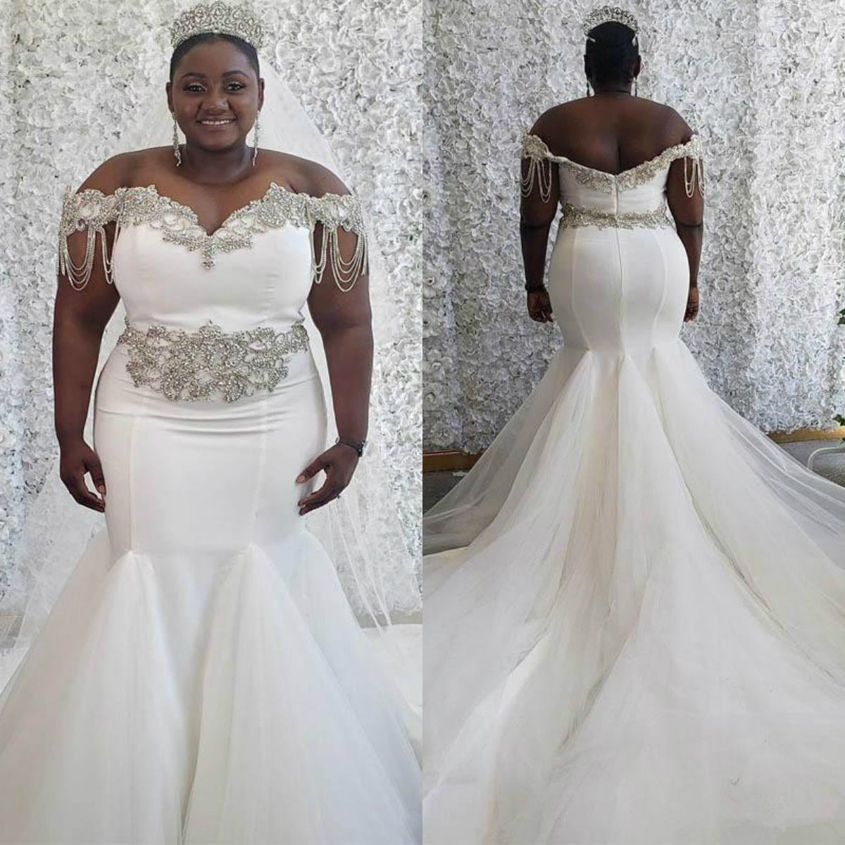 Grande taille perlée arabe sirène robes de mariée 2020 nouveau hors de l'épaule robes de mariée chapelle Train modeste robe de mariée