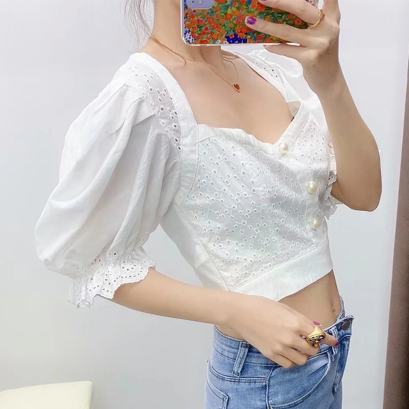 

Foridol pearl button puff sleeve women crop top and blouse 2020 vintage hollow out cotton white blouse shirt chic ruffle tops