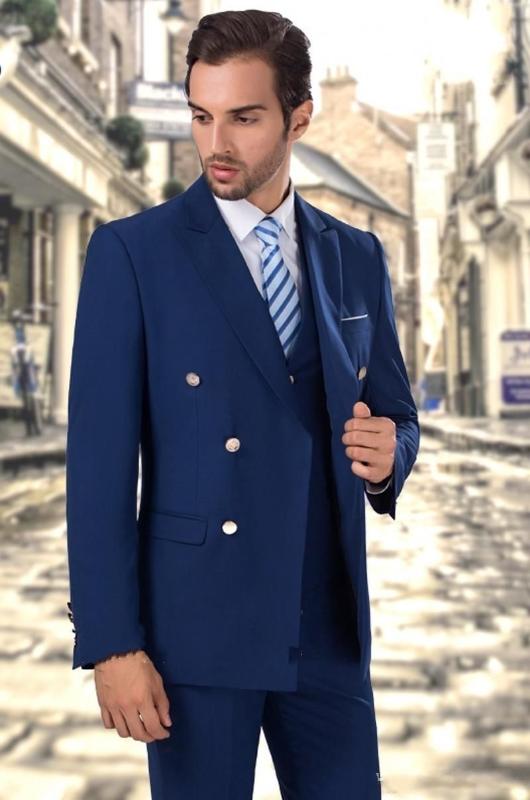 

High Quality Royal Bule Double Breasted Men Suits Formal Wedding Suit Slim Fit Masculino Party Prom (Jacket+Pant+Vest+Tie, Black
