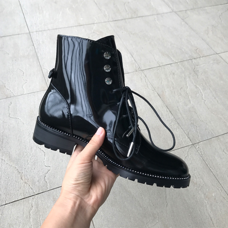 

Hot Sale- New Italian Style Women Boots Genuine Leather Round Toe Women Motorcycle Boots Lace Up Shoes Women Zapatos Mujer, Black