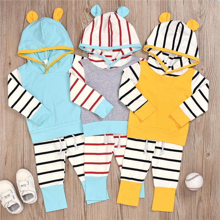 

4 colors Baby kids clothes Long-sleeved hoodies top+Striped trousers 2 piece set kids designer clothes boys sportswear Wholesale JY808, #02gray