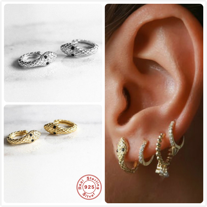 

Real 925 Silver Earrings For Women Gold Snake Girl Gift Ear Bone Piercing Earring Punk Female Small Hoop Aretes & Huggie