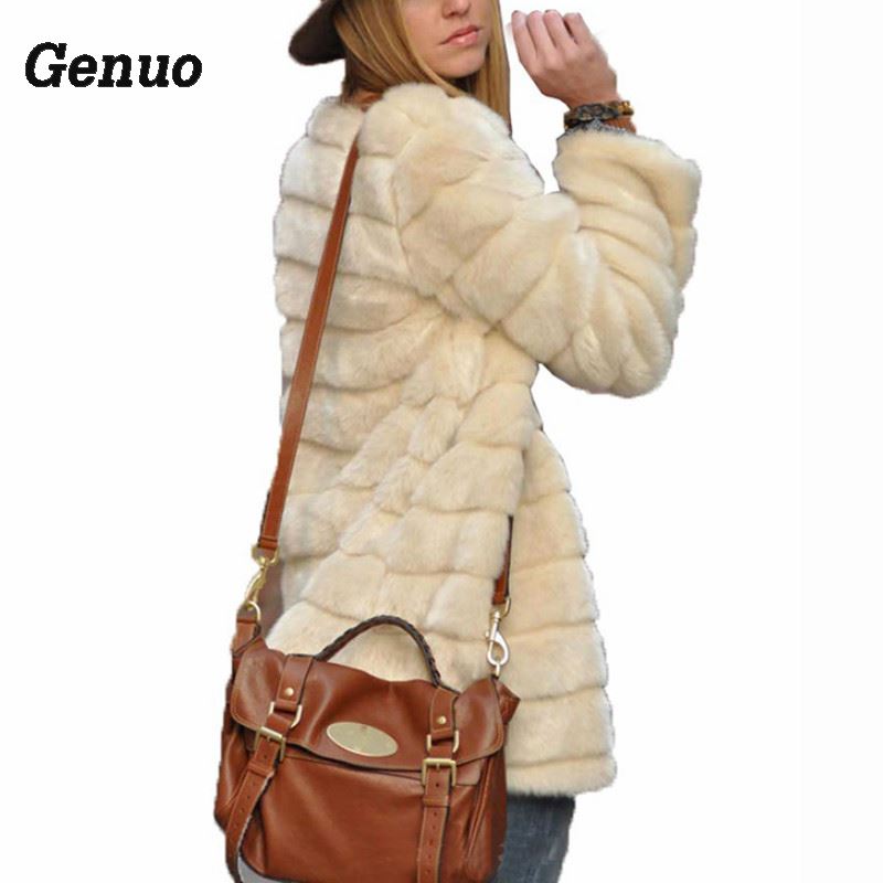 

Genuo Women Faux Fur Coat Winter Casual Loose Fur Jacket Pockets O Neck Warm Overcoat Women Long Sleeve Casaco Coat Plus Size, Beige