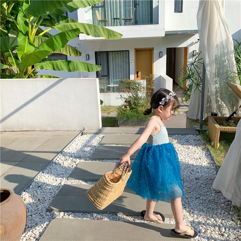 

2020 new foreign girl mesh gauze blue fluffy tulle princess baby suspender dress