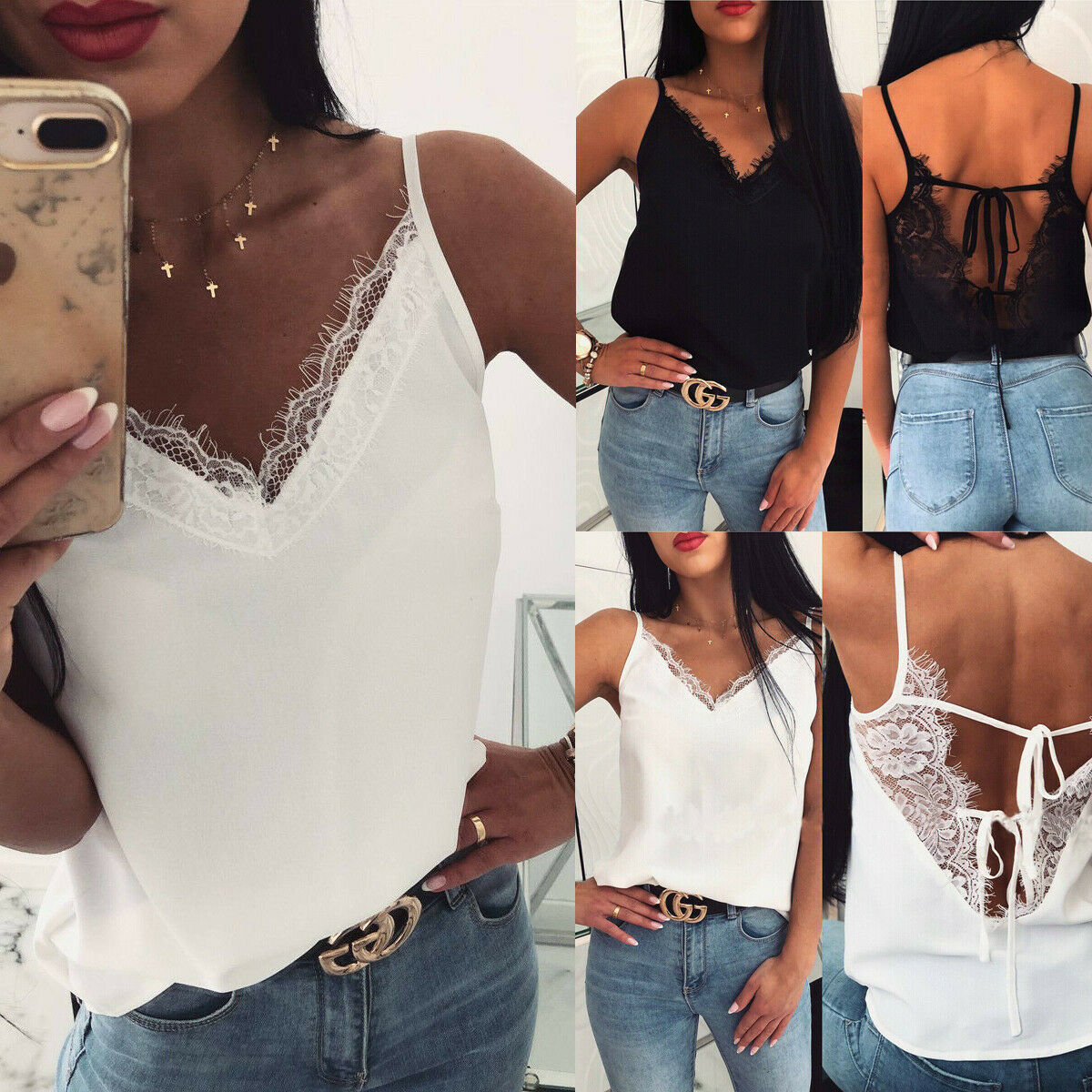 

Women Lace Summer Vest Sleeveless Beach Holiday Shirt Blouse Tank Tops T-Shirt, White