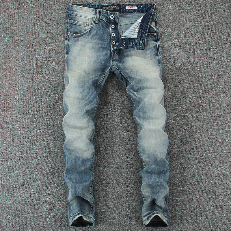 

Italian Vintage Designer Men Jeans Light Blue Slim Fit Denim Buttons Pants Classical Simple Jeans Homme Cotton Brand Men, As pic