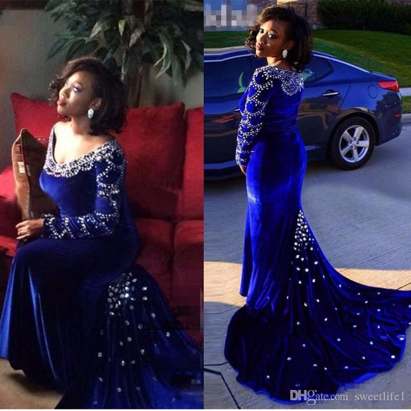 

Elegant Royal Blue Long Sleeve Velvet Dubai Evening Dresses 2020 Sexy Mermaid Party Gown Formal Prom Dress Vestido De Festa, Water melon
