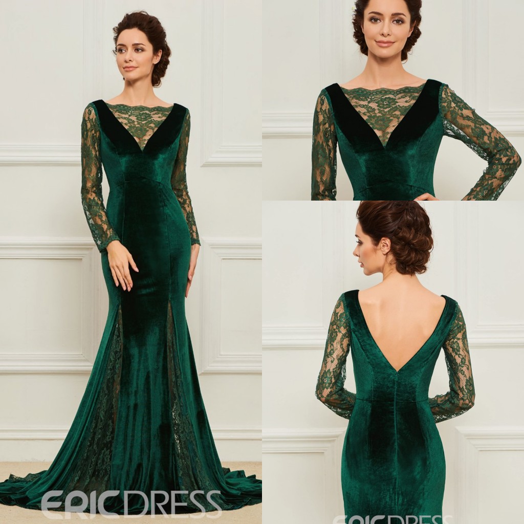 

Elegant Ericdress Mermaid Mother of The Bride Dresses Jewel Long Sleeve Backless Wedding Guest Dress Lace Applique Sweep Train Evening Gown