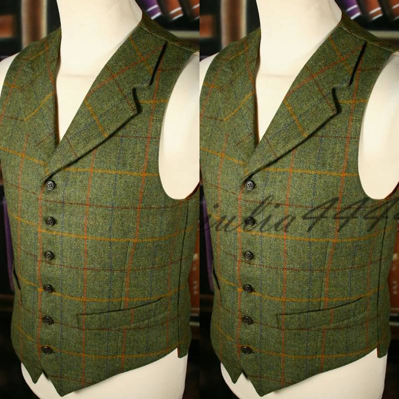 

2019 Summer Farm Wedding Green Plaid Tweed Vests Custom Made Groom Vest Slim Fit Mens Suit Vest Prom Wedding Waistcoat, As picture