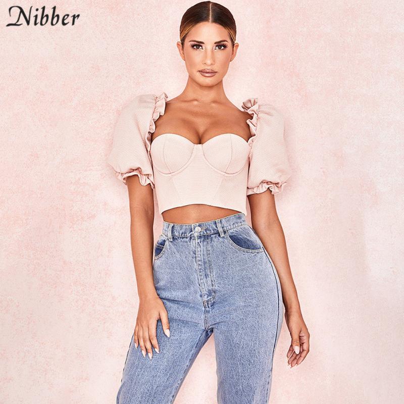 

Nibber French romantic elegance pink low cut crop tops women T-shirts2020summer office ladies fashion party Slim tee shirt femme