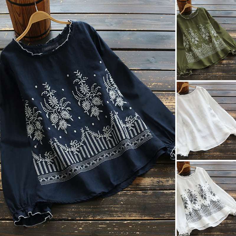 

Vintage Embroidery Shirts Women' Spring Blouse ZANZEA 2020 Casual Long Sleeve Blusas Female O Neck Blusas Plus Size Tunic 5XL, Blue