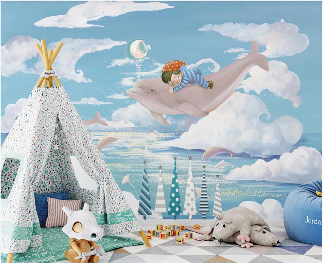 

3d room wallpaper custom photo mural Nordic hand-drawn cartoon ocean dolphin children room background wall wallpaper for walls 3 d, Non-woven fabric
