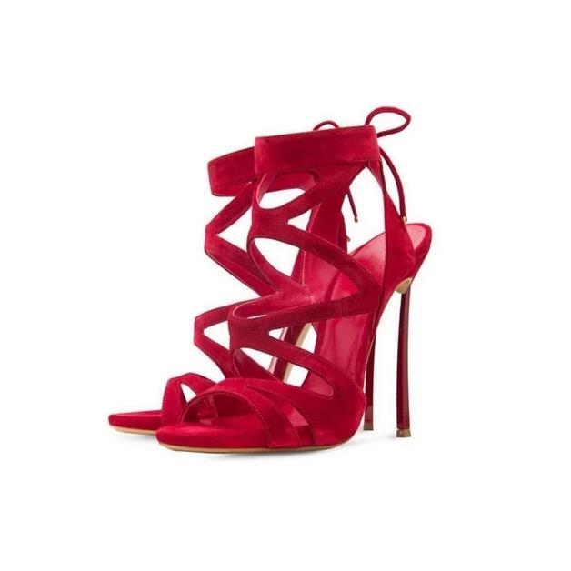 Hot Sale-Red Flock Out Sandals Summer Fashion High Thin Metal Heel 12cm Party Shoes