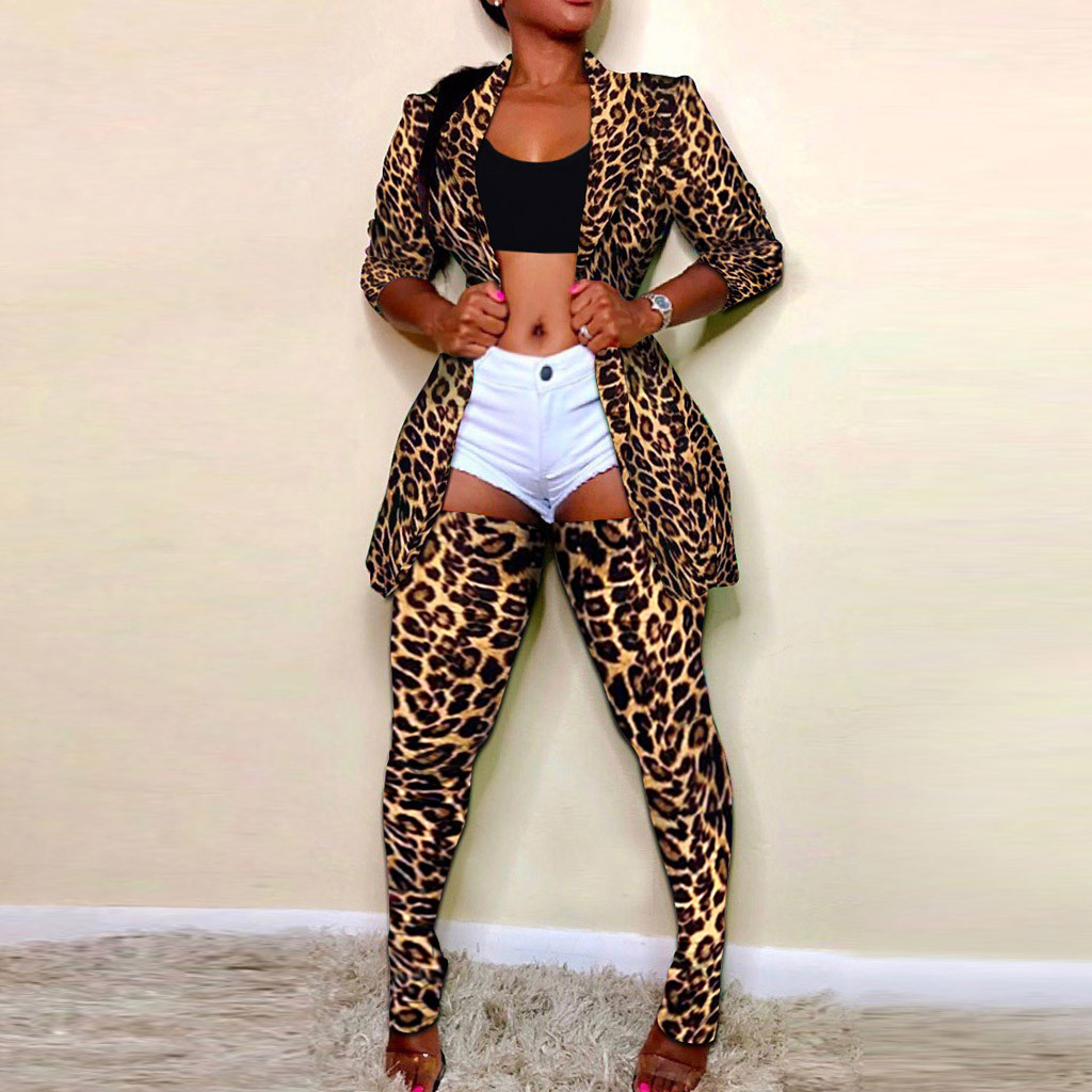 

Women Sexy Lapel Long Sleeve Camouflage Women Leopard Print Coat+Stockings Lapel Neck Blazer Jacket Outfit Suit Sets coat, Green