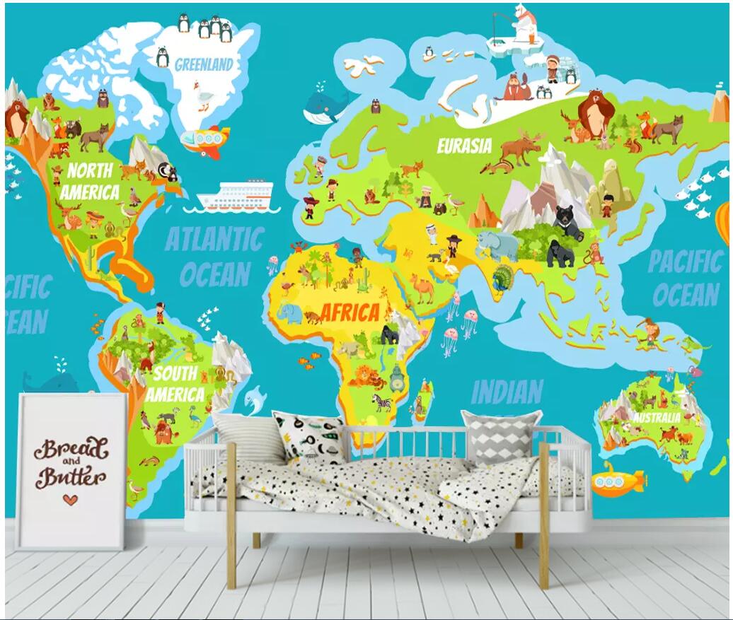 

WDBH 3d wall paper for living room custom photo Cartoon World Animal Map Children's Room home decor 3d wall murals wallpaper for walls 3 d, Non-woven wallpaper