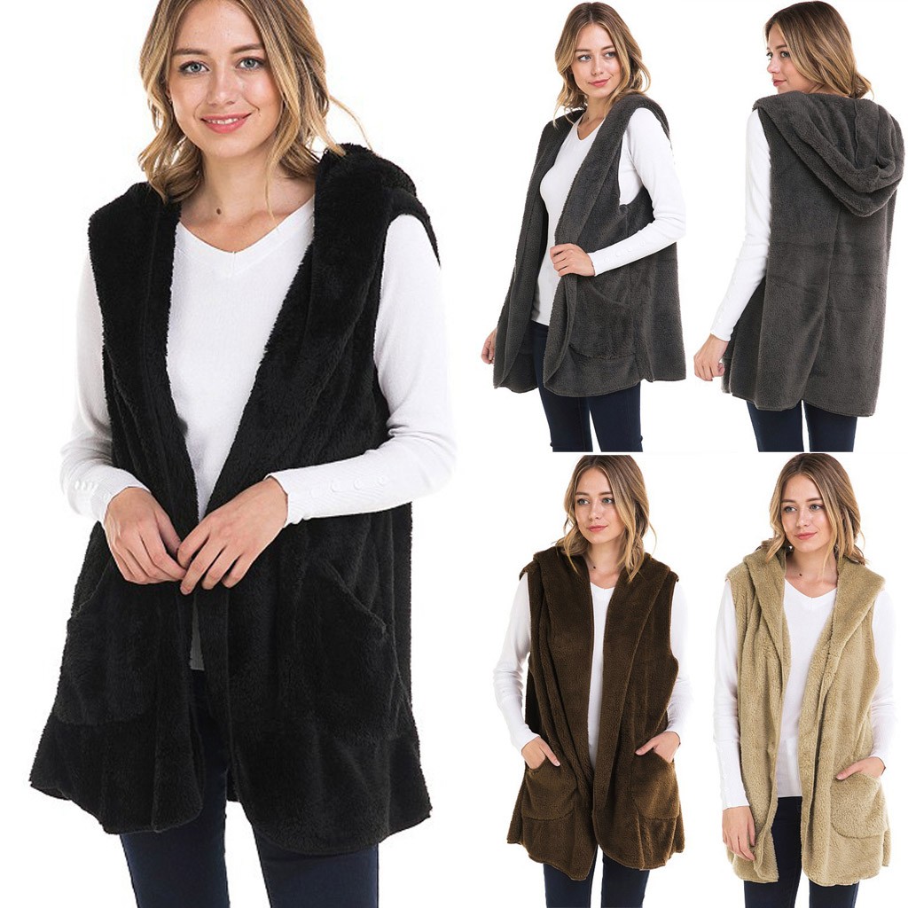 

Women Warm Open Stitch Warm Cashmere Vest Coat Winter Hooded Waistcoats Ladies Casual Solid Sleeveless Hooded Coats Outwears, Black