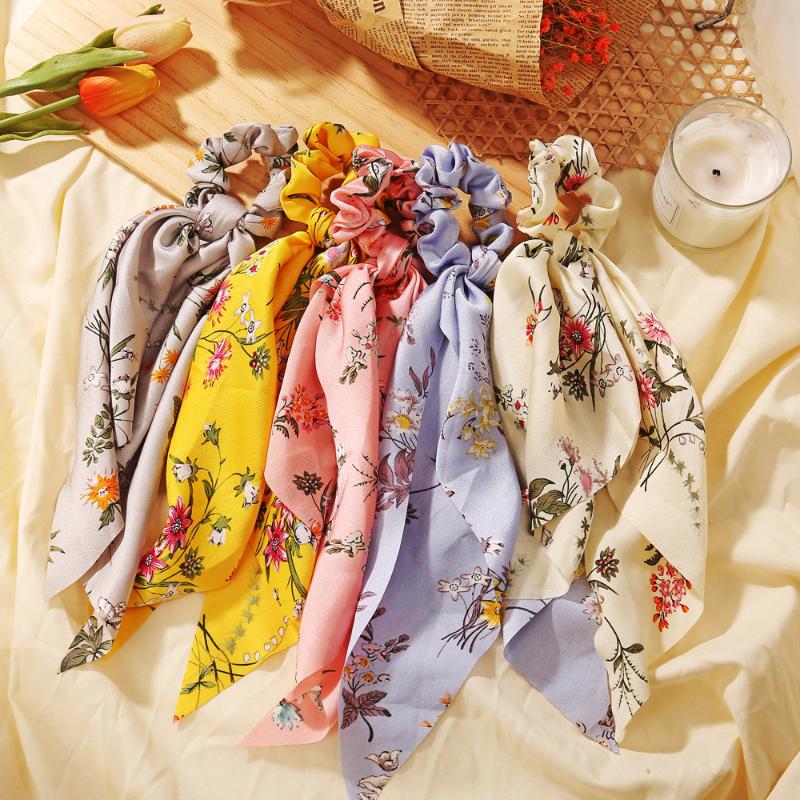 

Todorova Ponytail Scrunchie Hair Ties Scarf Elastic Hair Rope Women Bow Scrunchies Bands Flower Print Ribbon Hairbands, Gray