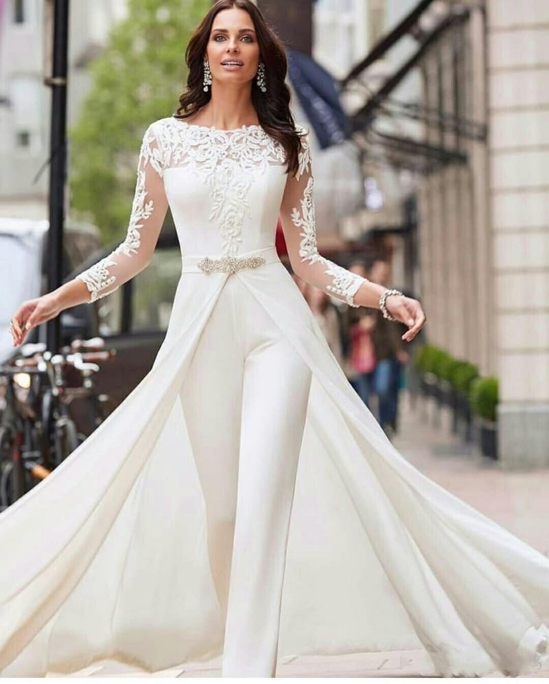 

Hot Sale A Line Jumpsuit Wedding Dresses Bateau Neck Long Sleeves Lace Bridal Gowns Sweep Train Beaded Vestidos De Novia, White