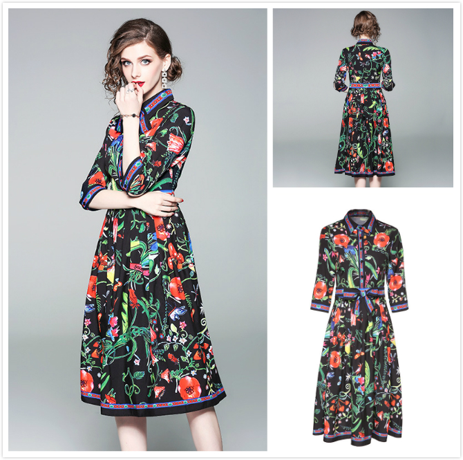 

Top New Runway Women's Fashion Printed Pleated Shirt Maxi Dress Elegant Button Front Lapel Neck Office Lady Sexy Slim Party Evening Dresses, Black