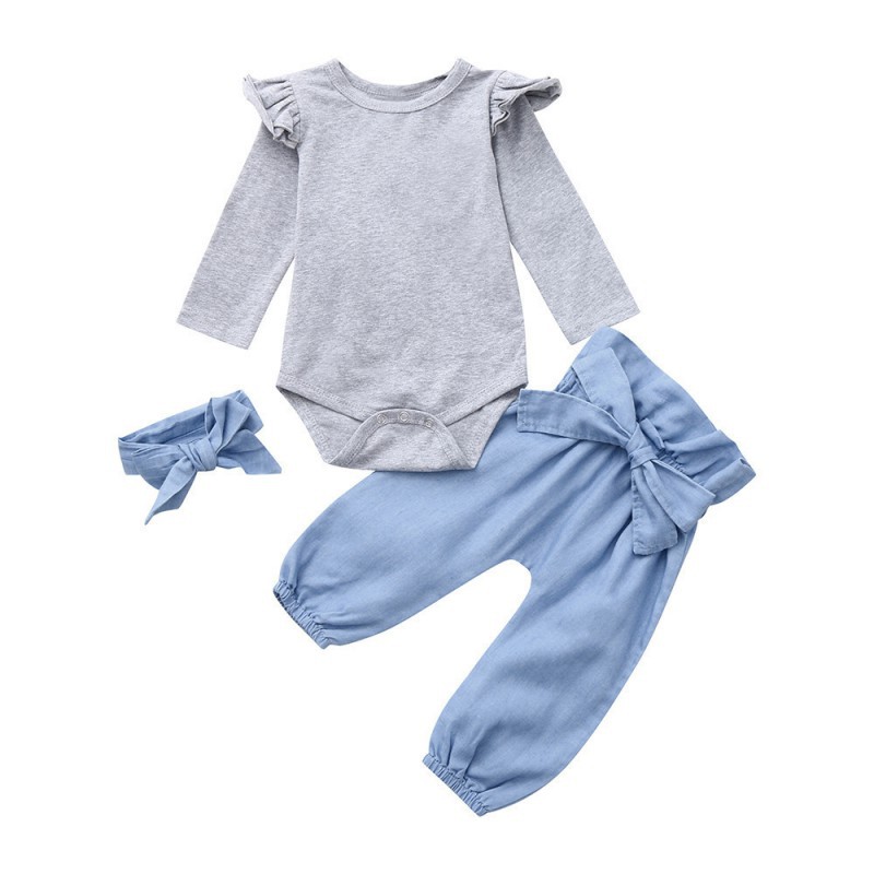 

2pcs Baby Clothes Sets Girl Princess Style Top Cotton T Shirt Long Sleeve Pants Clothes Infant Baby Girl, Gray