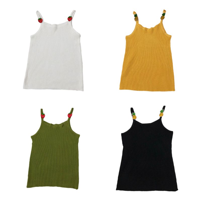 

Women Sleeveless Tank Top Ice Silk Ribbed Knit Camisole Streetwear Cute Embroidery Pineapple Strawberry Slim Vest, Black