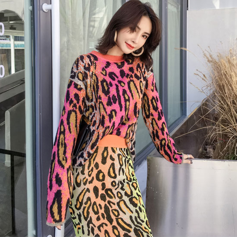 

Colors Leopard Knit Sweater Women 2020 Autumn Winter Fashion O-neck Loose Pullover Sweater Female Pink Leopard Sweaters Tops, As picture