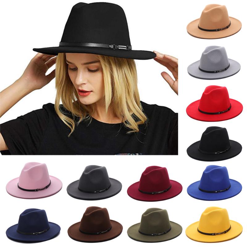 

1Pc Wide Brim Cowboy Hat with Belt Felt Fedora Hats Outback Hat Buckle Panama Autumn Winter Men Women Fashion Vintag Jazz, Black