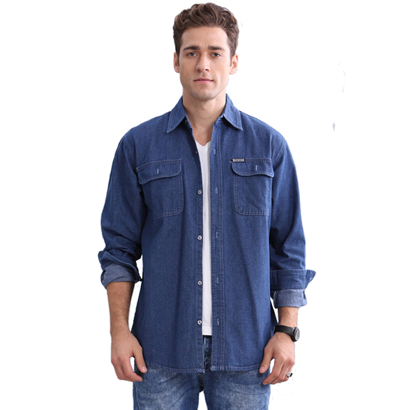 

Denim Shirts Men Long Sleeve Fashion Jeans Shirt Man Casual Dress Shirts Double Pocket Plus Size Cotton Work ZKI09, Dark blue-thin