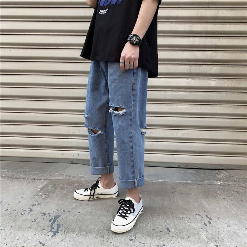 

Ripped Blue Jeans Men' Fashion Washed Casual Jeans Pants Men Streetwear Wild Loose Hip-hop Hole Trousers Summer -3XL