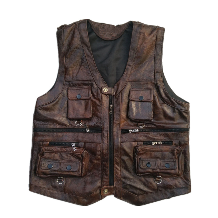 

Spring Cowhide Bread Pocket Vest Autumn Leather Brown Motorcycle Jacket