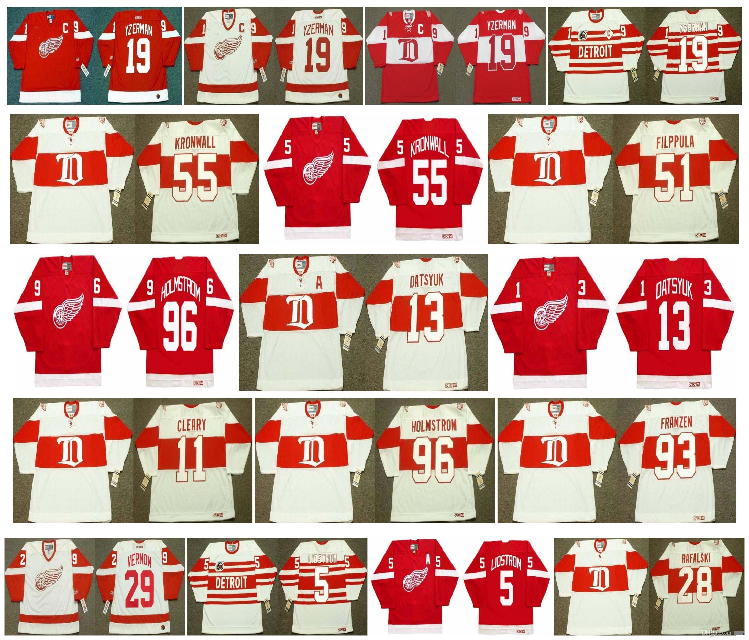 

Vintage Detroit Red Wings Jerseys 13 Pavel Datsyuk 19 Steve Yzerman 11 DANIEL CLEARY 93 Johan Franzen 96 HOLMSTROM 29 MIKE VERNON CCM Hockey, Colour 16