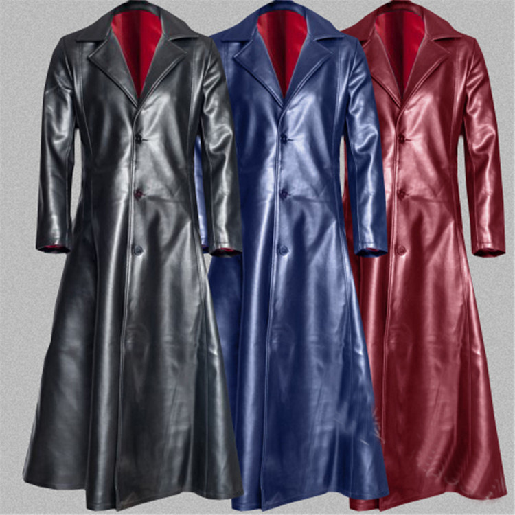 

Men' Long Leather Jacket Windbreaker Coats, Black