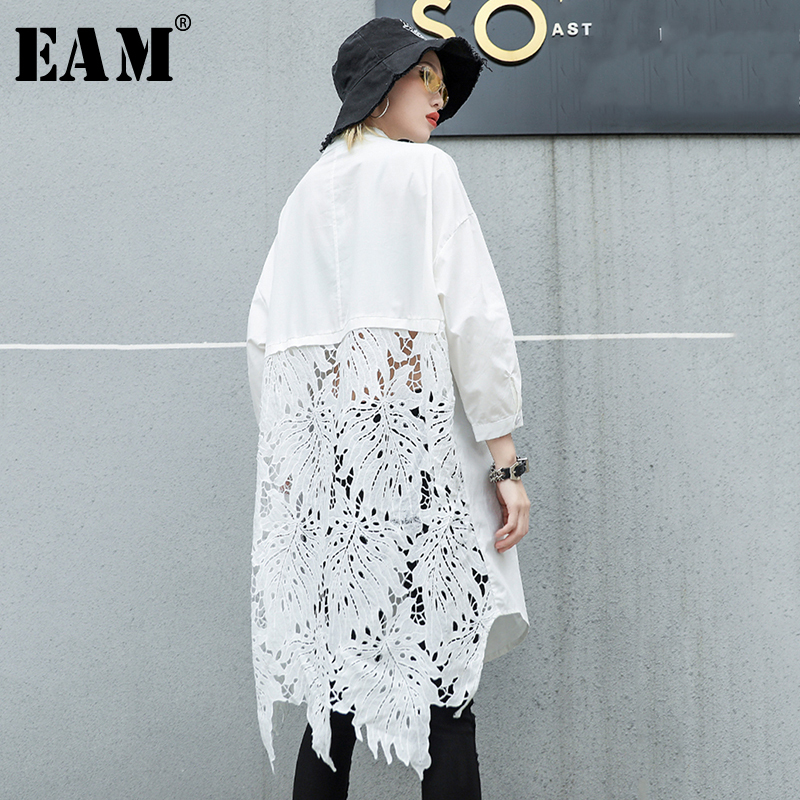 

EAM]2019 New Autumn Winter Stand Collar Long Sleeve Back Lace Hollow Out Spliced Big Size Shirt Women Blouse Fashion Tide JR835, Black