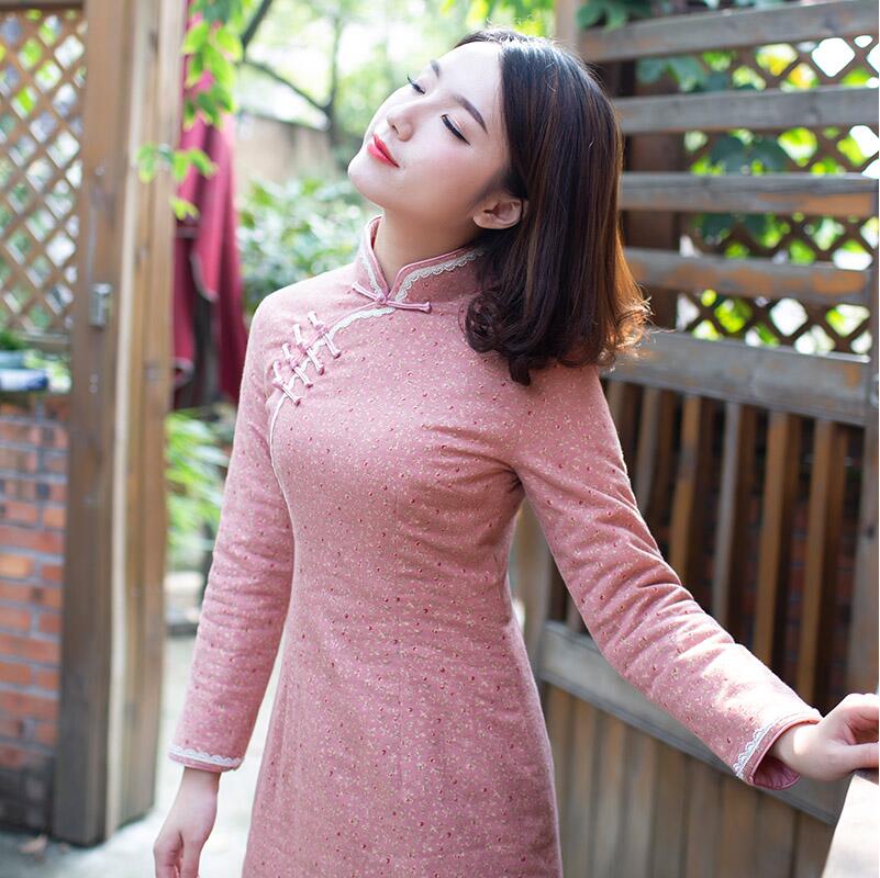 

Women's Winter cotton cheongsam cotton thickened warm long sleeve young girl's Chinese traditional casual Manual sewing style dress aodai