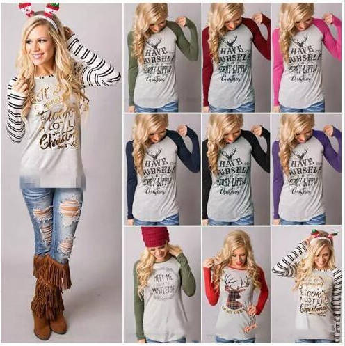 

Christmas Elk T-Shirts Xmas Autum Stripe Patchwork Shirt Long Sleeve O-Neck Letter Tops Boutique Tees Casual Blusas Vestidos Costume D6432, Remark your colors