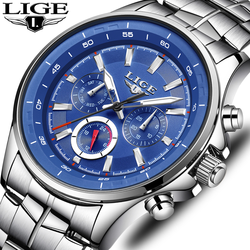 

LIGE Mens Watches Waterproof Top Brand Luxury Quartz Watch Men Sport Watch Fashion Casual Military Clock Male Relogio Masculino LY191226, Leather white
