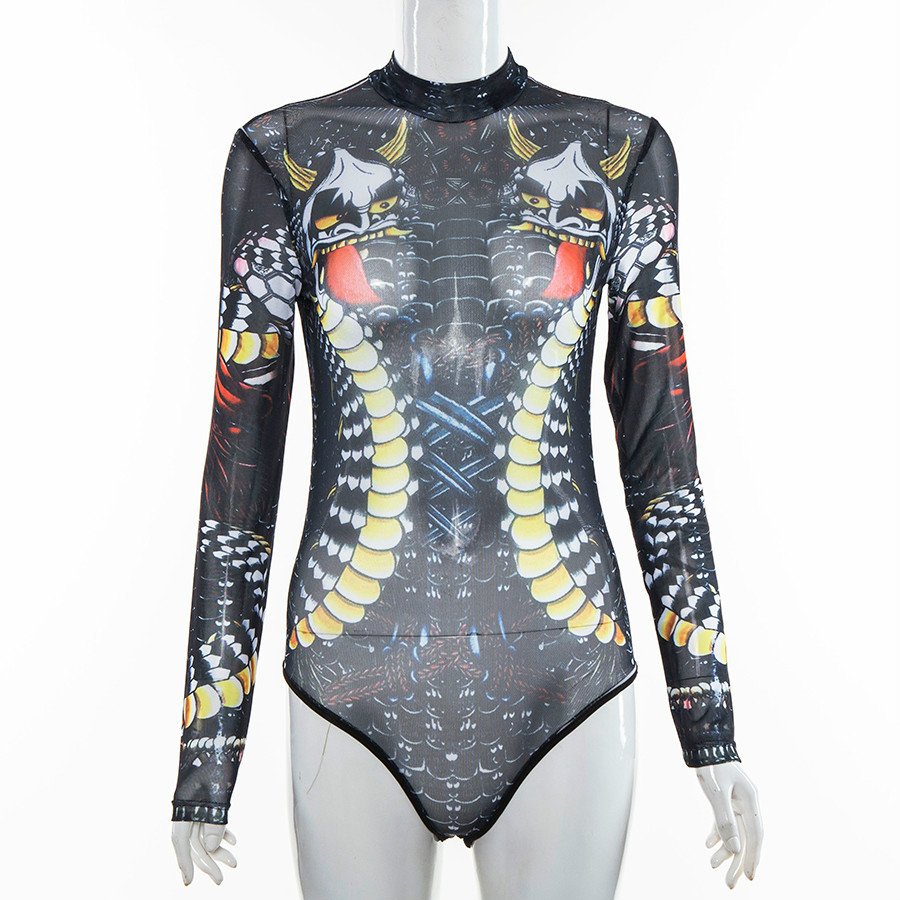 

Februaryfrost 2020 Sexy Women Mesh Print Bodysuit Summer Elegant Club Party Full Sleeve Street Casual Jumpsuit Streetwear, Multi