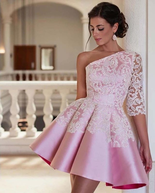 

2019 Pink One Shoulder Party Dresses White Appliques Satin A Line Formal Homecoming Dresses Girls Graduation Dresses Custom Made, Light yellow
