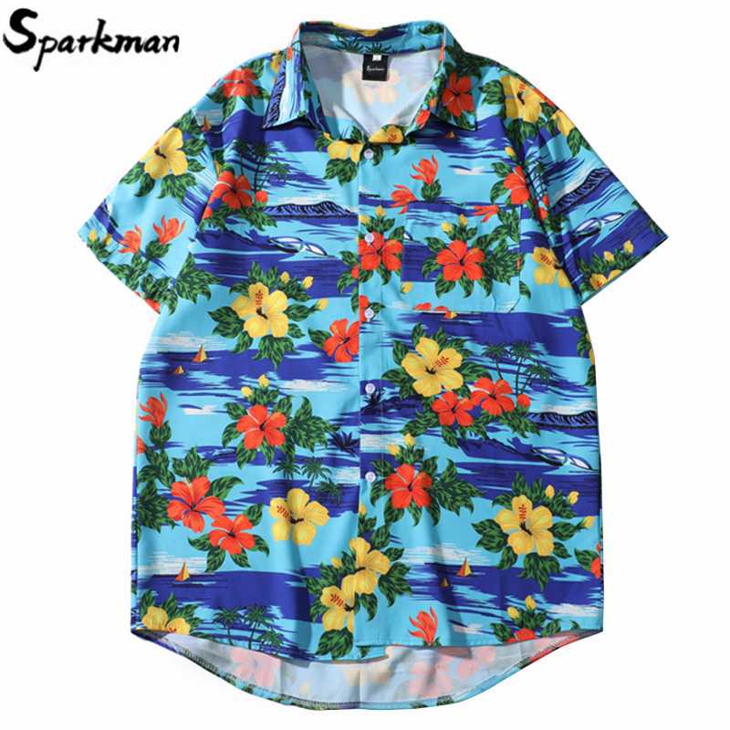 

Men Hawaiian Shirt Flower Hip Hop Shirt Streetwear 2020 Harajuku Floral Beach HipHop Tops Short Sleeve Summer Aloha Shirts, B1252027 blue